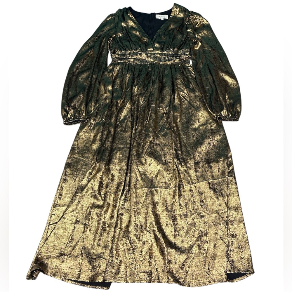 In February Women Small Dress Gold Metallic Deep V-Neck Party Polyester Long